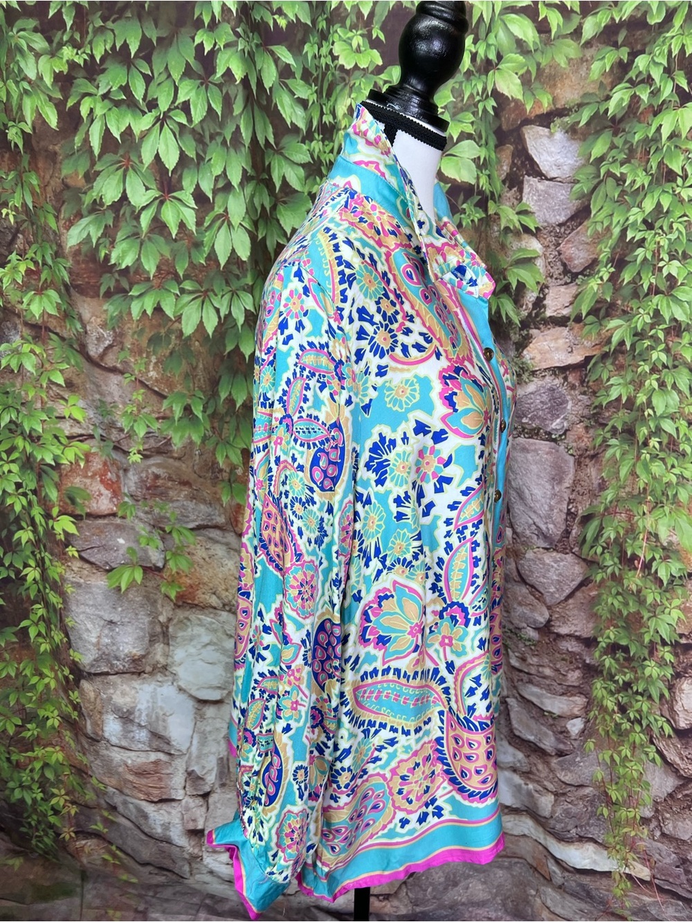 HAUTE HIPPIE STYLE Paisley Resortwear Floral Turquoise Button Front Blouse, 1X - Picture 12 of 14